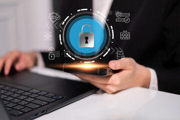 Laptop internet user padlock shield connection computer cybersecurity data information technology network online digital information system protection password concept