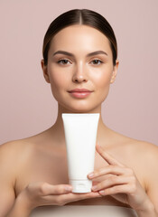 Gentle Radiance: A woman with glowing skin, showcasing a skincare product with a subtle smile, embodying beauty and the promise of healthy, nourished skin.