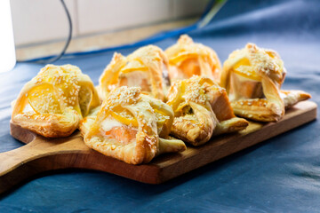Puff pastry with salmon. Fish pastry. Food concept.