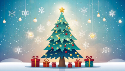 Obraz premium Christmas Tree with Gifts and Snowflakes – Holiday Winter Illustration