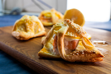 Puff pastry with salmon. Fish pastry. Food concept.