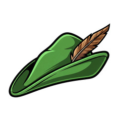 Iconic forest green felt robin hood hat with pointed crown and single feather, stylized vector graphic illustration isolated on a transparent background. Concept of classic adventure folklore