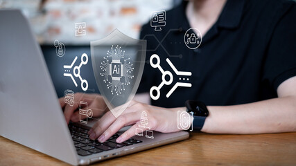 Businessman working on laptop computer smartphone login database with artificial intelligence ai algorithm helping in data privacy protection hacking prevention authentication, cybersecurity concept