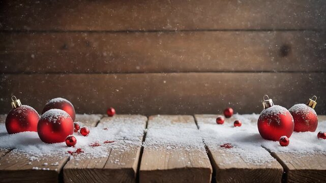 Red Christmas ornaments and berries on a snowy wooden tabletop viewed from the front against a dark wooden background