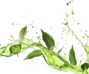 Green liquid splashing with leaves on black background, dynamic natural concept illustration