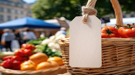 Blank tag hangs above fresh produce at outdoor farmers market on sunny day with blue tents in the background