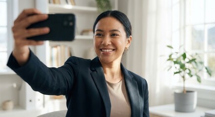 Smiling Woman Taking Selfie in Modern Office Environment.