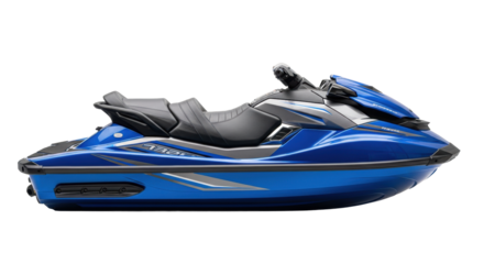 Pristine blue and charcoal modern jet ski, three-quarter view, isolated against a transparent studio background with soft shadows and copy space. concept for water sports luxury advertising