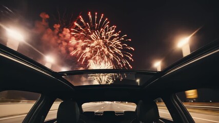Car Passengers Watch Fireworks Display Through Sunroof at Night