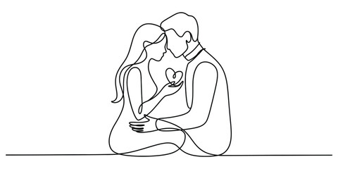 One line drawing couple holding heart, romantic love symbol