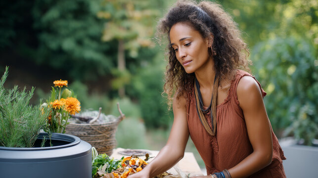 Making compost from organic waste in the garden. A woman stirs waste in a wooden compost bin with a pitchfork. Using kitchen waste to make compost. Increasing the fertility and aeration of the soil.