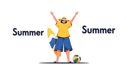 Fototapeta premium Happy young person celebrating summer with surfboard and beach ball