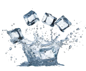 Ice Cubes Splashing into Water with Dynamic Movement and Refreshing Effect on Black Background