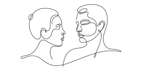 Minimalist continuous line art drawing of a man and woman facing each other