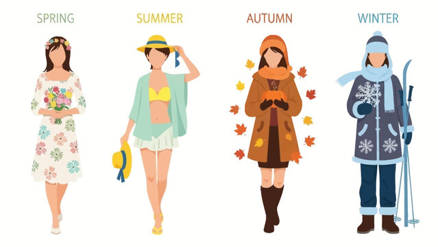 Women in seasonal outfits for spring, summer, autumn, and winter