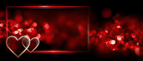 Neon red rectangular frame with hearts on a dark background during Valentine's Day, showcasing glowing lights and space for adding text