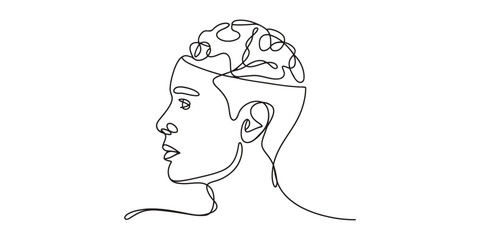 Continuous line drawing of human head profile with brain concept