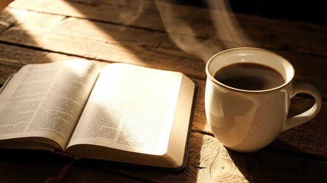 Close-up, top-down view of an open Bible on a rustic wooden desk. A ceramic cup of coffee sits nearby with steam rising gently in slow motion. Soft morning sunlight streams across the page, creating l