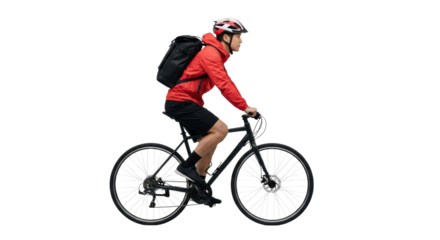 young adult asian man in a red technical windbreaker, helmet, and courier backpack actively riding a black hybrid city bike on a transparent studio background. concept of healthy urban commute