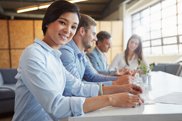 Portrait, business and woman with smile in meeting for career pride, about us and media agency. Happy, female person and ambition for journalism, news reporting and employees in publication workplace