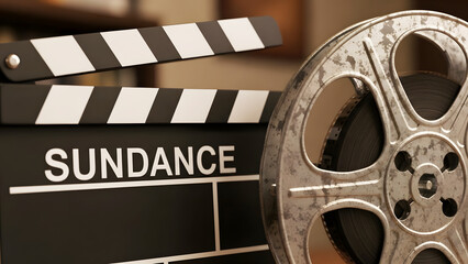 Clapperboard labeled Sundance placed next to vintage film reel