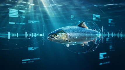 Salmon swimming with digital aquaculture scanning interface underwater
