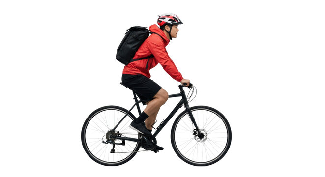 young adult asian man in a red technical windbreaker, helmet, and courier backpack actively riding a black hybrid city bike on a transparent studio background. concept of healthy urban commute