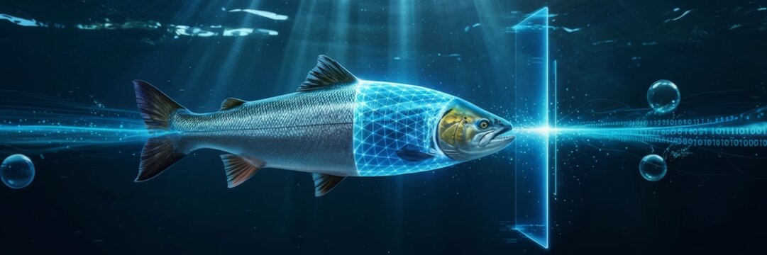 Salmon swimming with digital aquaculture scanning interface underwater
- Powered by Adobe