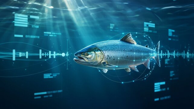 Salmon swimming with digital aquaculture scanning interface underwater
- Powered by Adobe