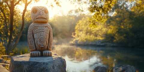 Ancient mayan owl idol guarding sacred river at sunset