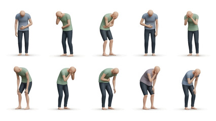 Fototapeta premium A bald man in various poses expressing discomfort or pain