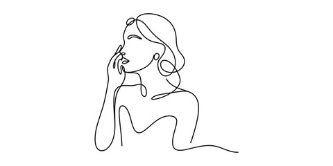 Minimalist one line drawing of woman touching face isolated