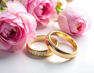 Gold wedding rings near delicate pink roses, white background, love, and romance