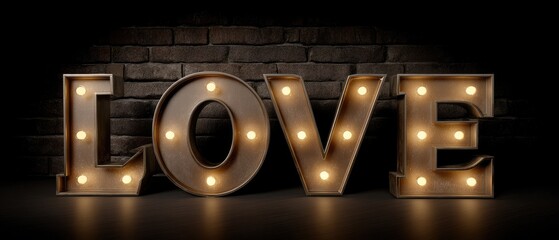 Marquee light sign with the text LOVE on a dark brick wall background for a romantic theme to celebrate special moments