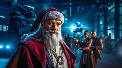 A man in a santa claus outfit standing in front of a group of people