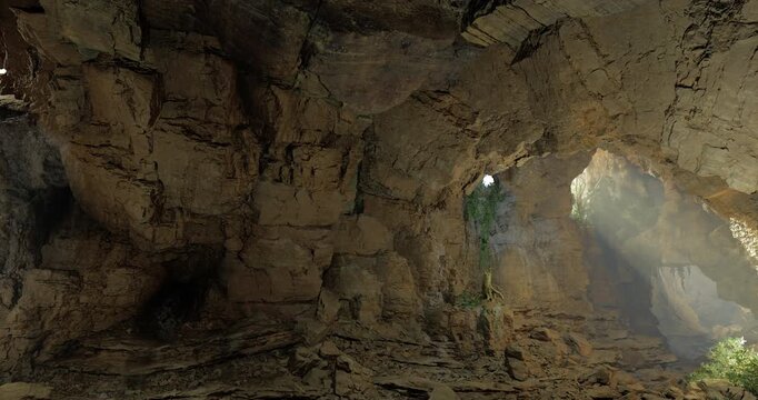Rocky formations create a stunning cave interior where sunlight filters through openings. Lush greenery enhances the unique textures of the walls in this serene underground environment.