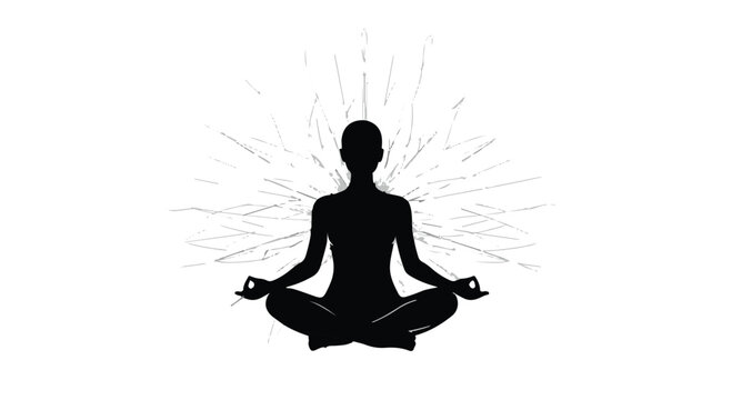 Silhouette of person meditating with radiating energy on white background.