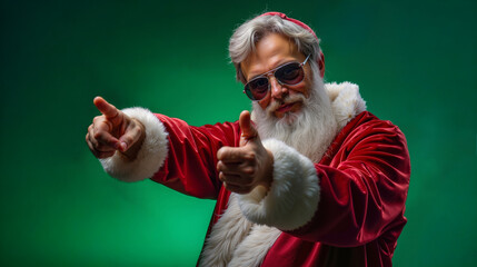 A man dressed as Santa Claus pointing at the camera