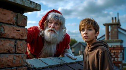 A man and a boy looking at Santa Claus on a roof