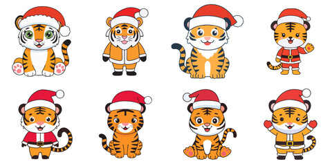 Fototapeta premium Multiple tigers dressed as Santa Claus vector illustration