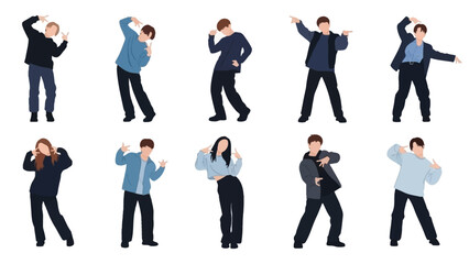 Dynamic collection of modern Kpop style dancers posing with energetic choreography moves for vibrant youth culture designs
