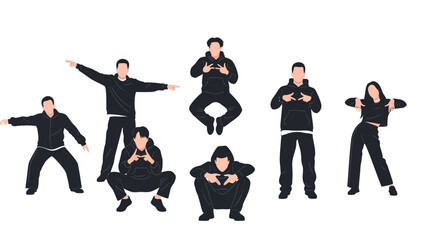 Dynamic group of dancers in black streetwear performing energetic K-Pop inspired choreography poses