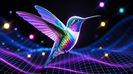A digital art rendering of a hummingbird with iridescent, holographic plumage against a dark background