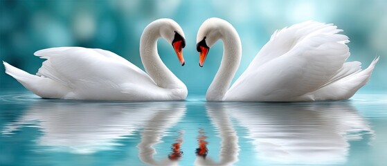 Two swans swim together, their necks form a heart shape in water, reflecting clear blue sky on a calm day in a love scene for Valentine's Day
