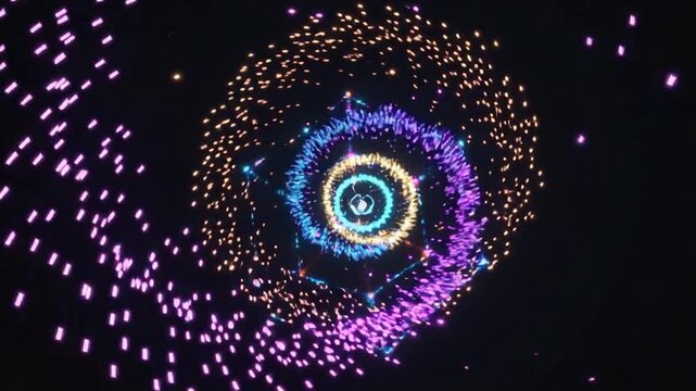 Starting sequence, lit polygon rotating in black void, creating fiery ring, purple core, particles