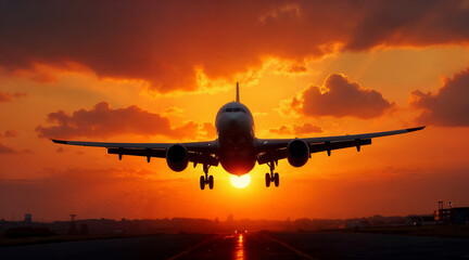 Silhouette of a commercial airplane taking off or landing against a dramatic orange sunset sky with clouds