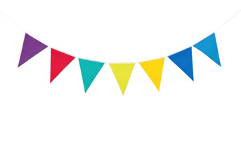 Obraz premium vibrant fabric bunting banner (garland) with five colorful triangular pennants suspended in an arc, isolated on a transparent studio background for copy space. commercial celebration decor concept