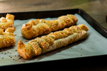 Puff pastry with strawberry jam. Jam-filled pastries. Food concept.