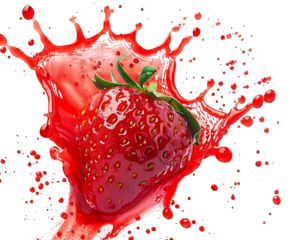 Fresh Strawberry Splashing in Red Juice on Black Background with Green Leaves