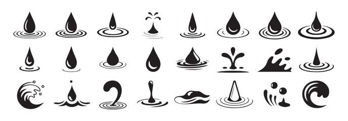 Water drop and splash icons set, liquid droplets and waves black silhouettes collection